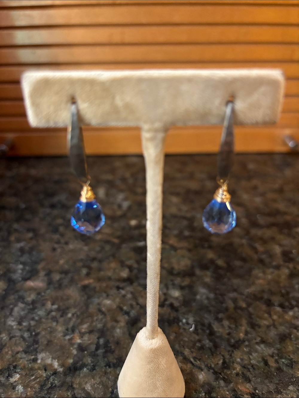 Handmade Style Sapphire Blue Crystal Teardrop Earrings Gold Tone